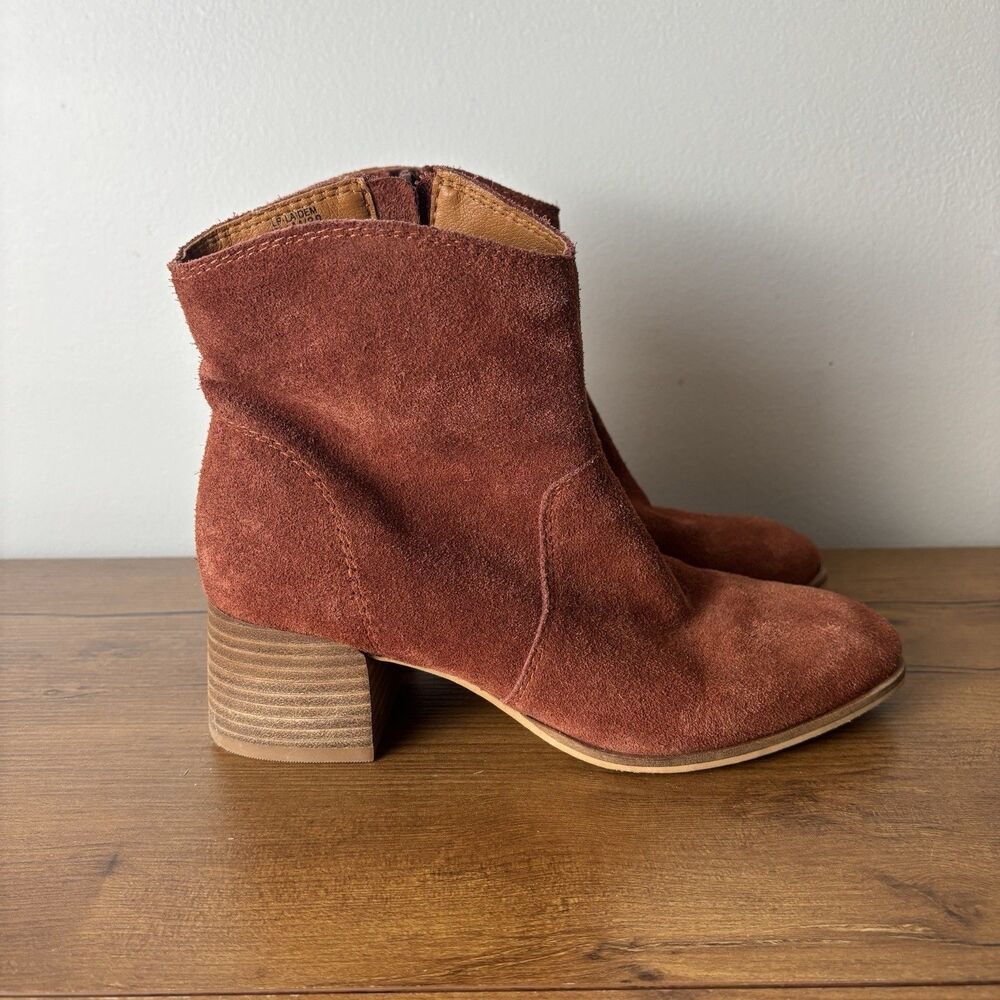 Lucky Brand Laidem Boots Womens 7.5 M Ankle Bootie Block Heels Leather Brown